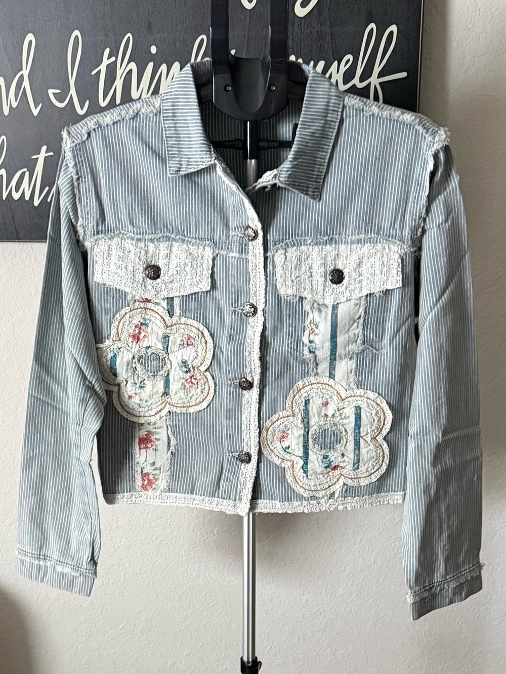 POL Light Blue Embroidered Denim Jacket with Lace Trim